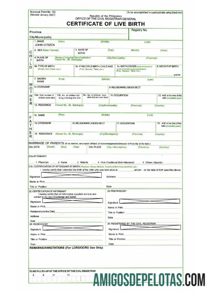 Certificado de Nascido Vivo das Filipinas amostra