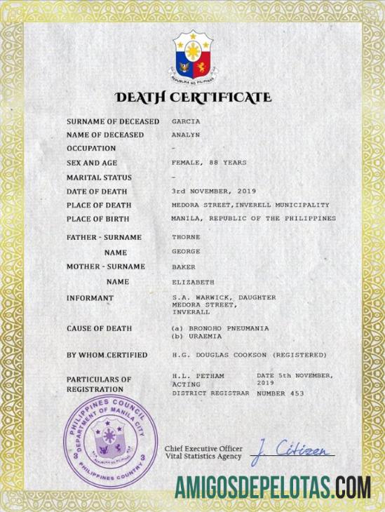 para download Modelo PSD de certidão de óbito de registro vital das Filipinas