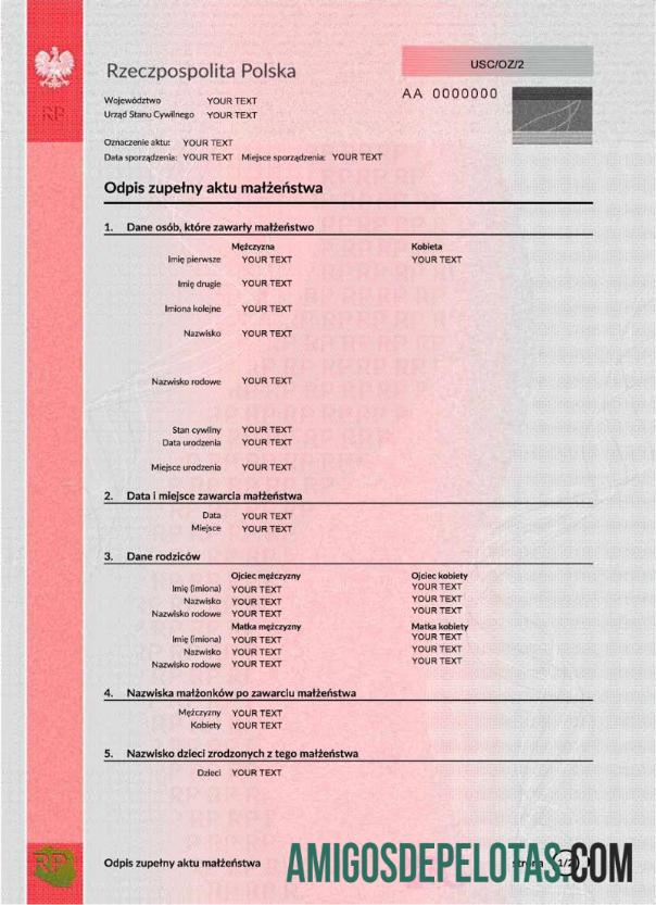Certidão de casamento da Polônia PSD 1 exemplo real