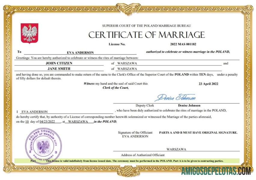 Em branco modelo Word e PDF de certidão de casamento na Polônia