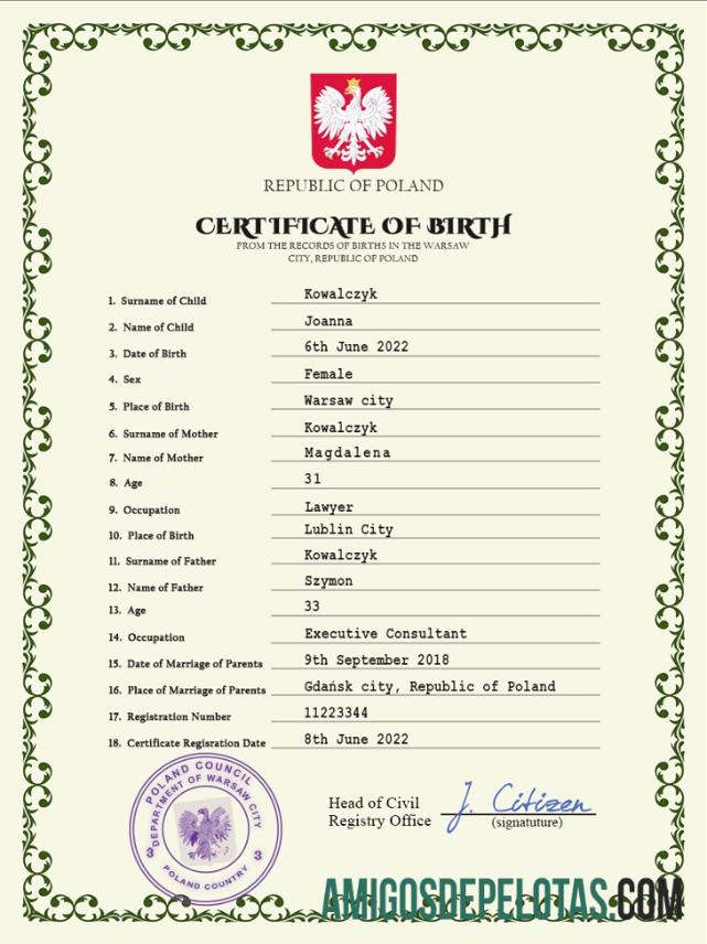 para download Modelo PSD de certidão de nascimento de registro vital da Polônia,