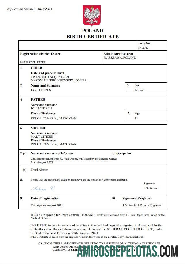Imprimível modelo Word e PDF de certidão de nascimento de registro vital da Polônia