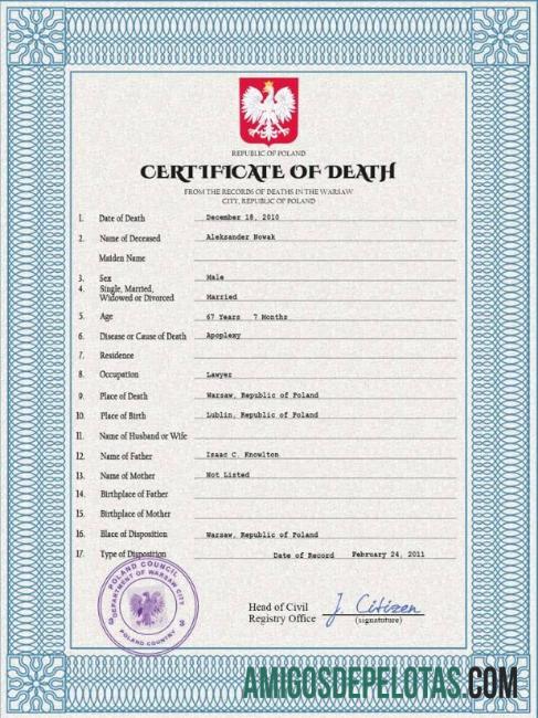 realista Modelo PSD de certidão de óbito de registro vital da Polônia