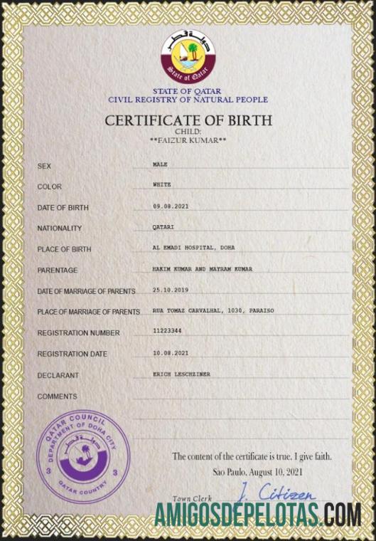 Imprimível modelo PSD de certidão de nascimento do Catar