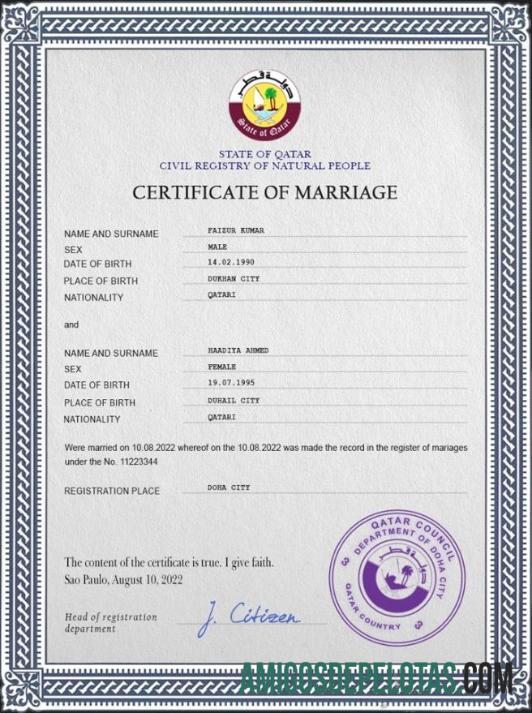 para download Modelo PSD de certidão de casamento do Catar