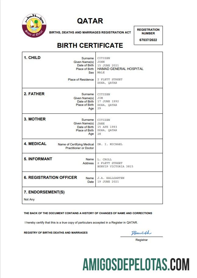 para download Modelo Word e PDF de certidão de nascimento de registro vital do Catar