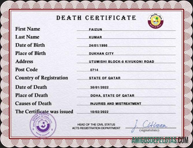 realista Modelo PSD de certidão de óbito de registro vital do Catar