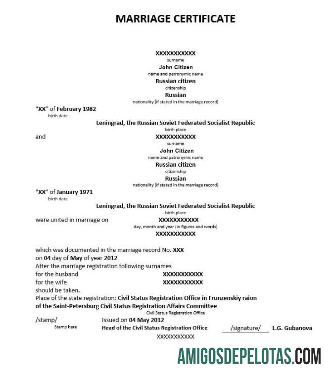 Certidão de casamento do chefe do cartório de registro do estado civil da Rússia baixar para verificação