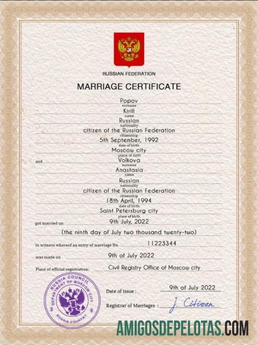 realista Modelo PSD de certidão de casamento na Rússia, totalmente editável