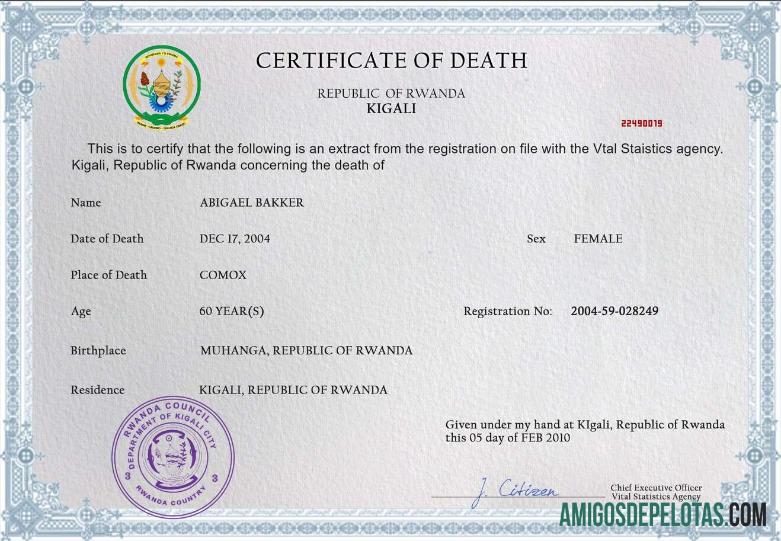 Em branco modelo PSD de certidão de óbito de registro vital de Ruanda