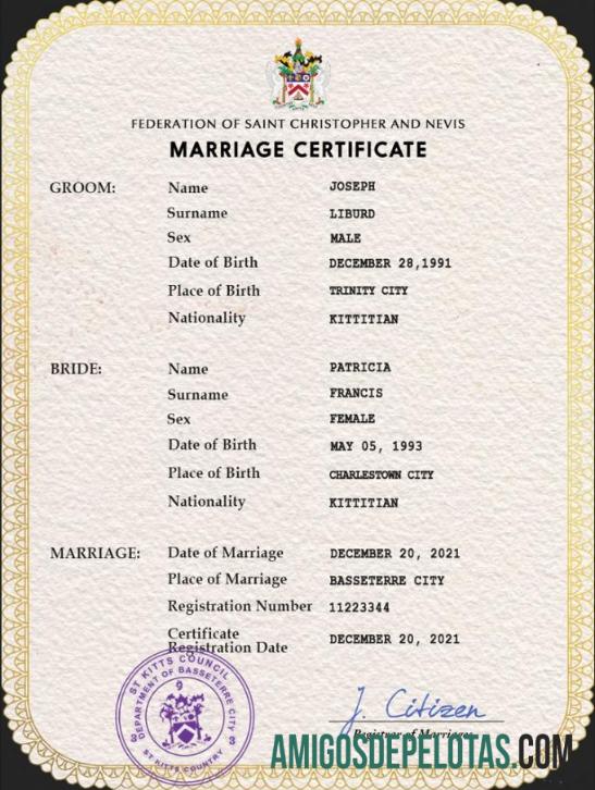 realista Modelo PSD de certidão de casamento de São Cristóvão e Nevis