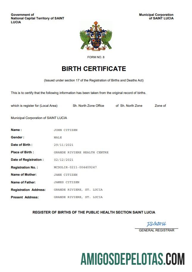 Imprimível modelo Word e PDF de certidão de nascimento de Santa Lúcia