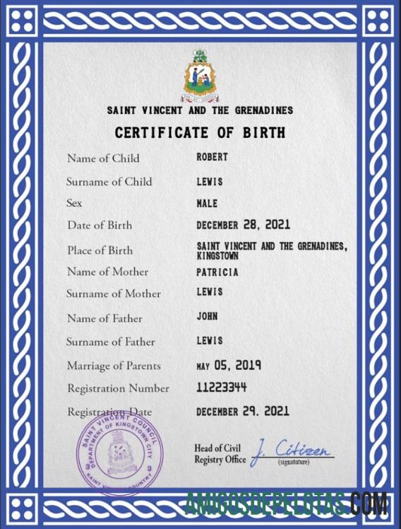 Em branco modelo PSD de certidão de nascimento de São Vicente e Granadinas