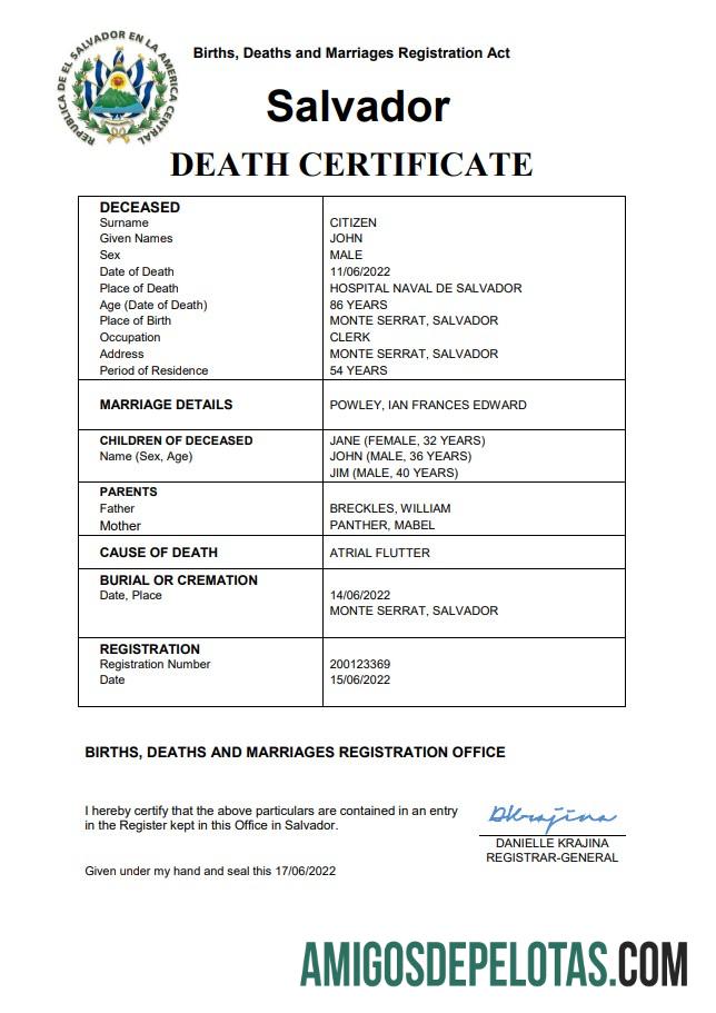 Imprimível modelo Word e PDF de certidão de óbito de registro vital de Salvador