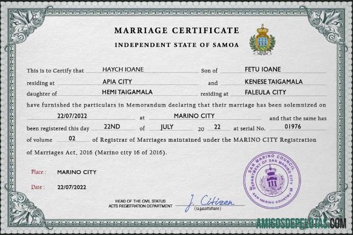 realista Modelo PSD de certidão de casamento de Samoa
