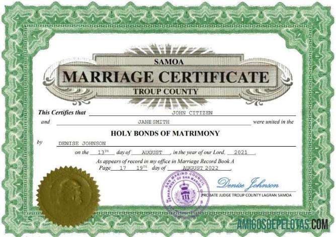 Imprimível modelo Word e PDF de certidão de casamento de Samoa