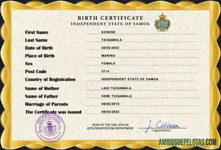 para download Modelo PSD de certidão de nascimento de registro vital de Samoa
