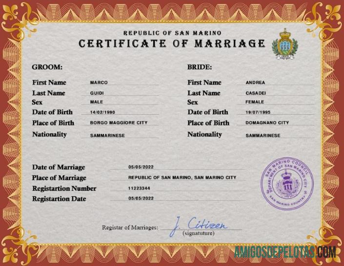 para download Modelo PSD de certidão de casamento de São Marino