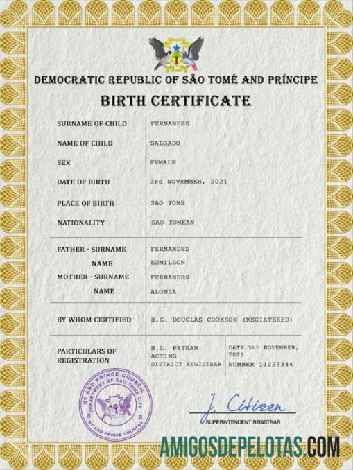 Em branco modelo PSD de certidão de nascimento de registro vital de São Tomé e Príncipe