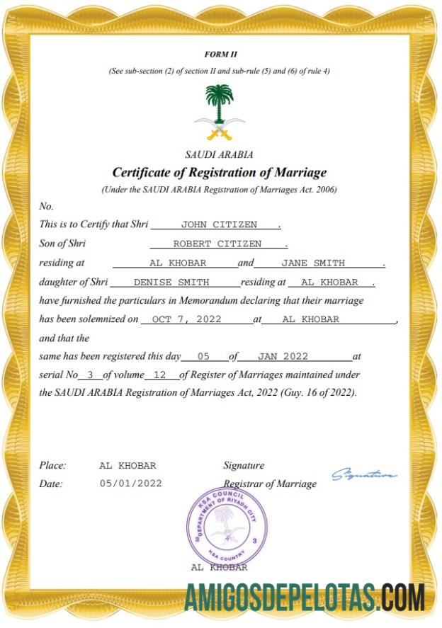 Imprimível modelo Word e PDF de certidão de casamento da Arábia Saudita