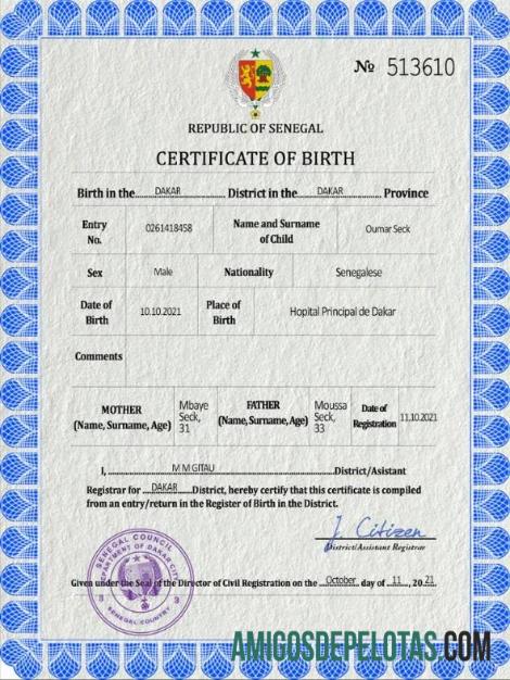 para download Modelo PSD de certidão de nascimento do Senegal