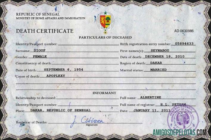 para download Modelo PSD de certidão de óbito de registro vital do Senegal