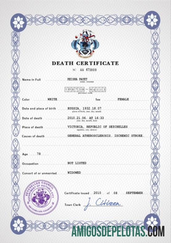 para download Modelo PSD de certidão de óbito de registro vital de Seychelles