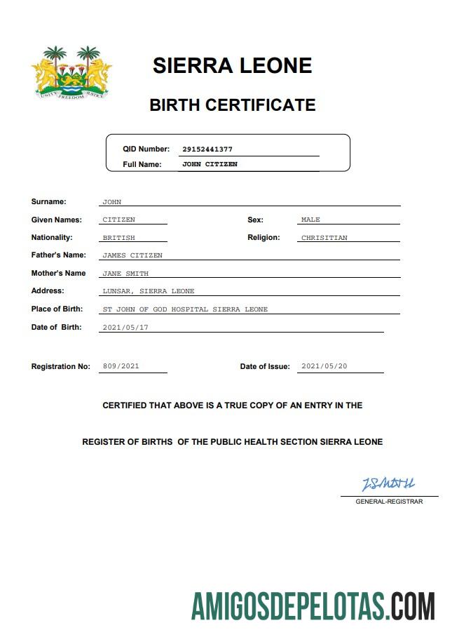 para download Modelo Word e PDF de certidão de nascimento de Serra Leoa