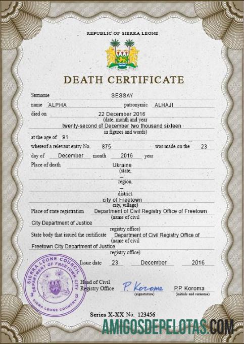 Em branco modelo PSD de certidão de óbito de registro vital de Serra Leoa