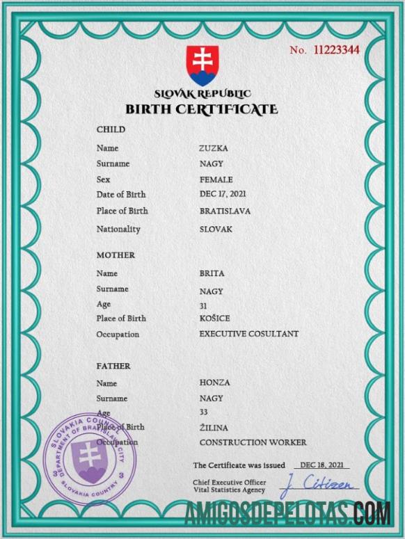 para download Modelo PSD de certidão de nascimento da Eslováquia