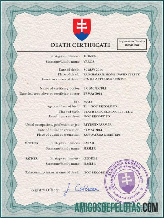 para download Modelo PSD de certidão de óbito de registro vital da Eslováquia