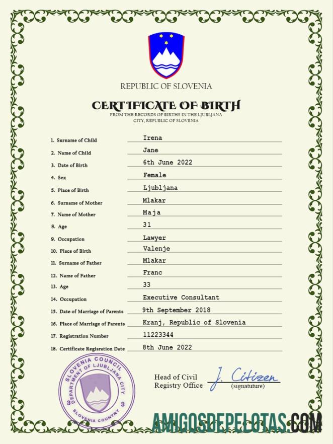 realista Modelo PSD de certidão de nascimento da Eslovênia