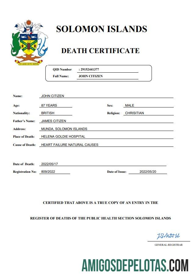 para download Modelo Word e PDF de certidão de óbito de registro vital das Ilhas Salomão