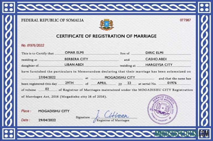 realista Modelo PSD de certidão de casamento da Somália