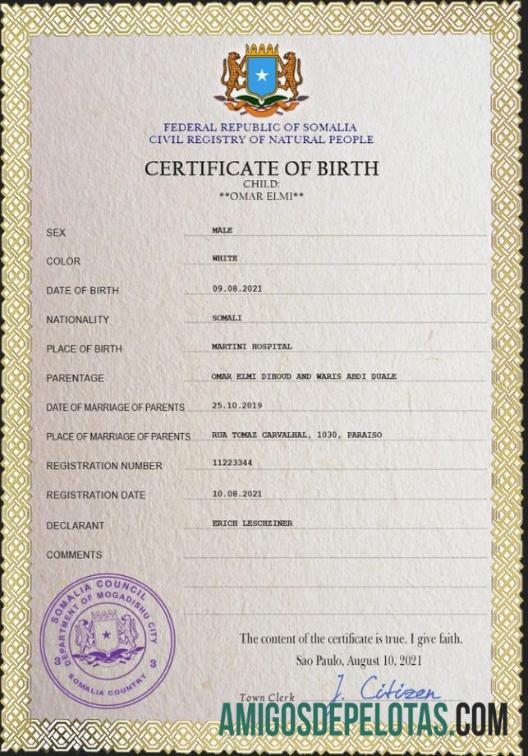para download Modelo PSD de certidão de nascimento de registro vital da Somália