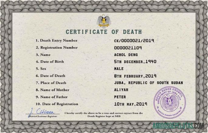 Em branco modelo PSD de certidão de óbito do Sudão do Sul