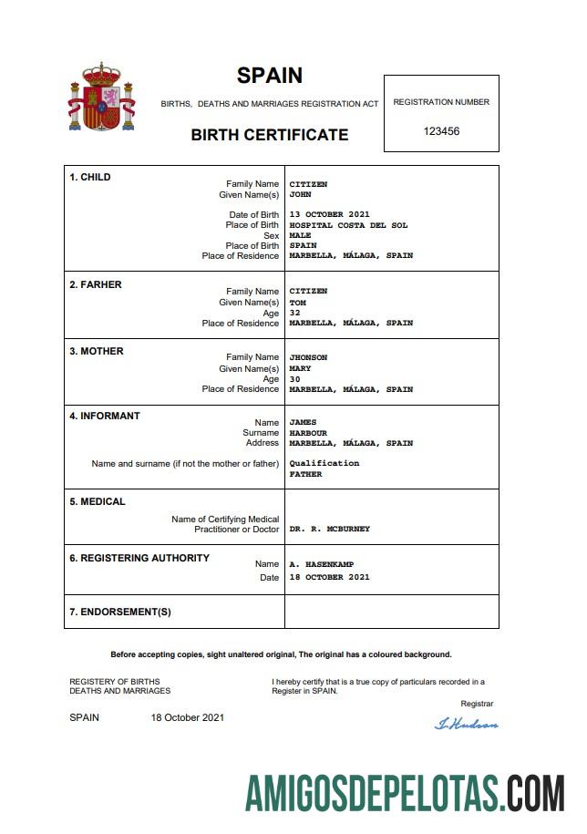 para download Modelo Word e PDF de certidão de nascimento na Espanha