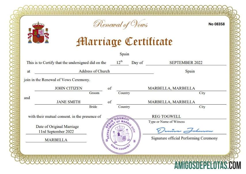 Em branco modelo Word e PDF de certidão de casamento na Espanha