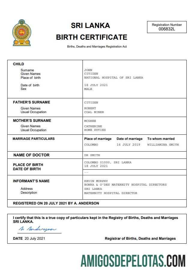 para download Modelo Word e PDF de certidão de nascimento de registro vital do Sri Lanka