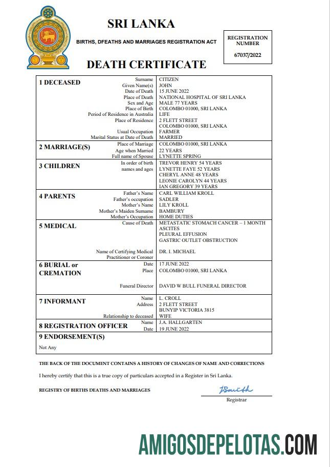 realista Modelo Word e PDF de certidão de óbito de registro vital do Sri Lanka