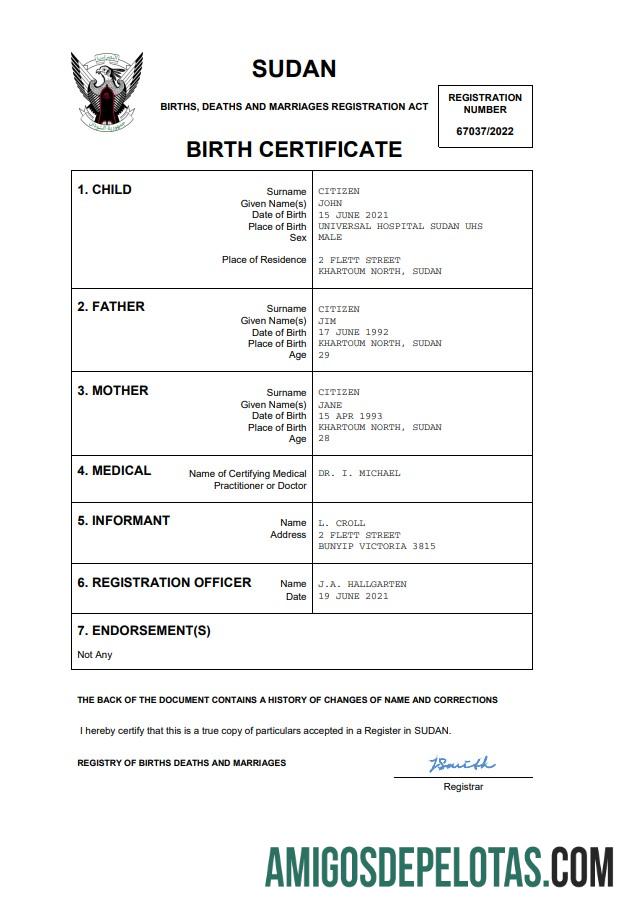 para download Modelo Word e PDF de certidão de nascimento do Sudão
