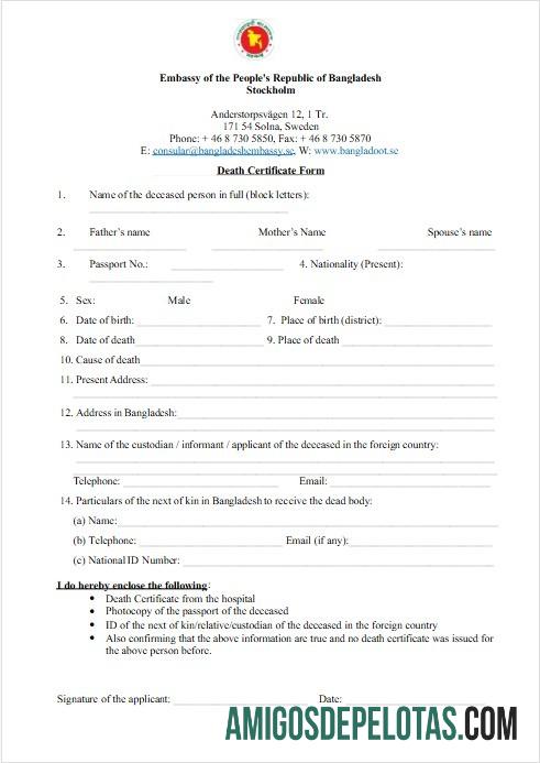 Certidão de óbito da Embaixada da Suécia na República Popular de Bangladesh exemplo