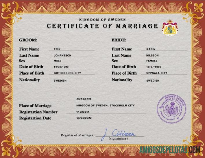 realista Modelo PSD de certidão de casamento na Suécia
