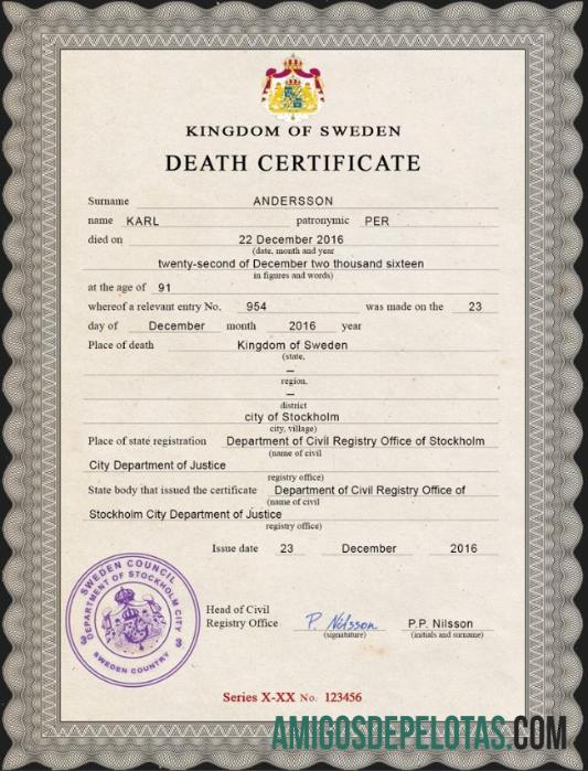 realista Modelo PSD de certidão de óbito de registro vital da Suécia
