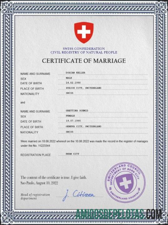 Imprimível modelo PSD de certidão de casamento na Suíça