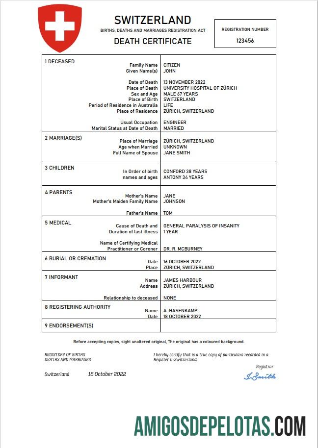 Em branco modelo Word e PDF de certidão de óbito de registro vital da Suíça