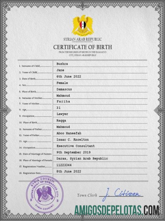 Imprimível modelo PSD de certidão de nascimento da Síria