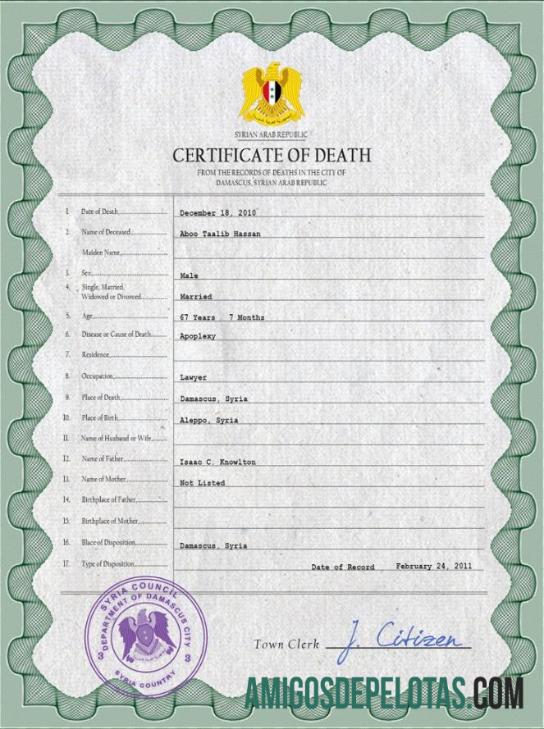 para download Modelo PSD de certidão de óbito de registro vital da Síria