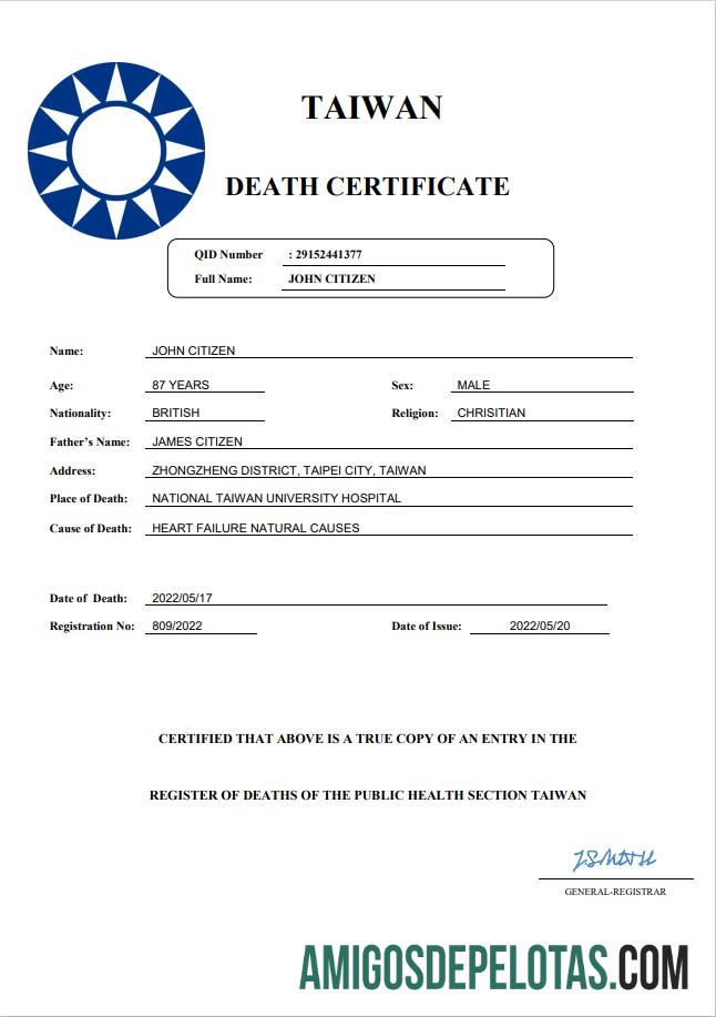Imprimível modelo Word e PDF de certidão de óbito de Taiwan