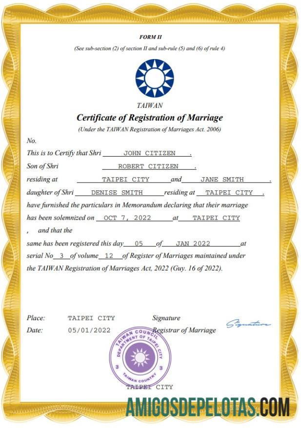 realista Modelo Word e PDF de certidão de casamento de Taiwan